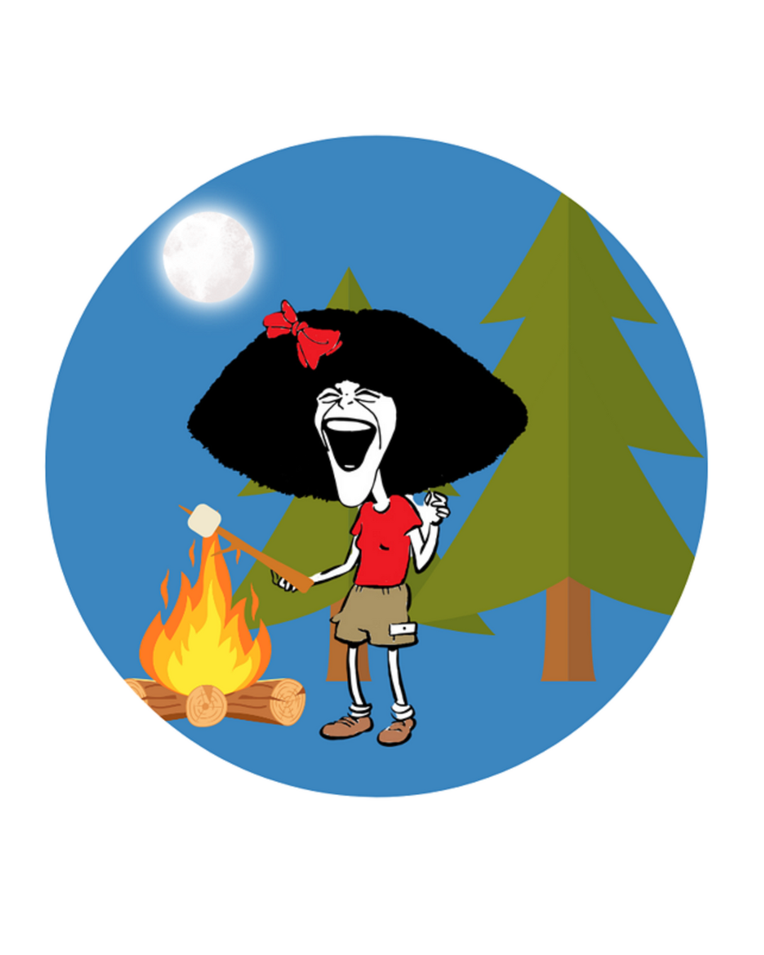A cartoon of Gilda Radner roasting a marshmallow over a fire in front of 2 pine trees.